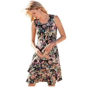 Peruvian Connection Brush Painting Chemise Dress Size Small Black Floral